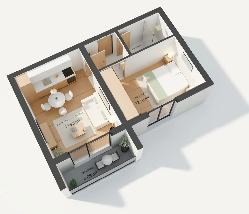Randare 3D studio 39,91 m², Stelelor 45 Chiajna, cu suprafețele camerelor