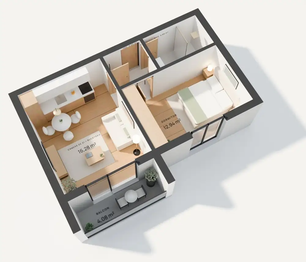 Randare 3D studio 39,98 m², Stelelor 45 Chiajna, cu suprafețele camerelor