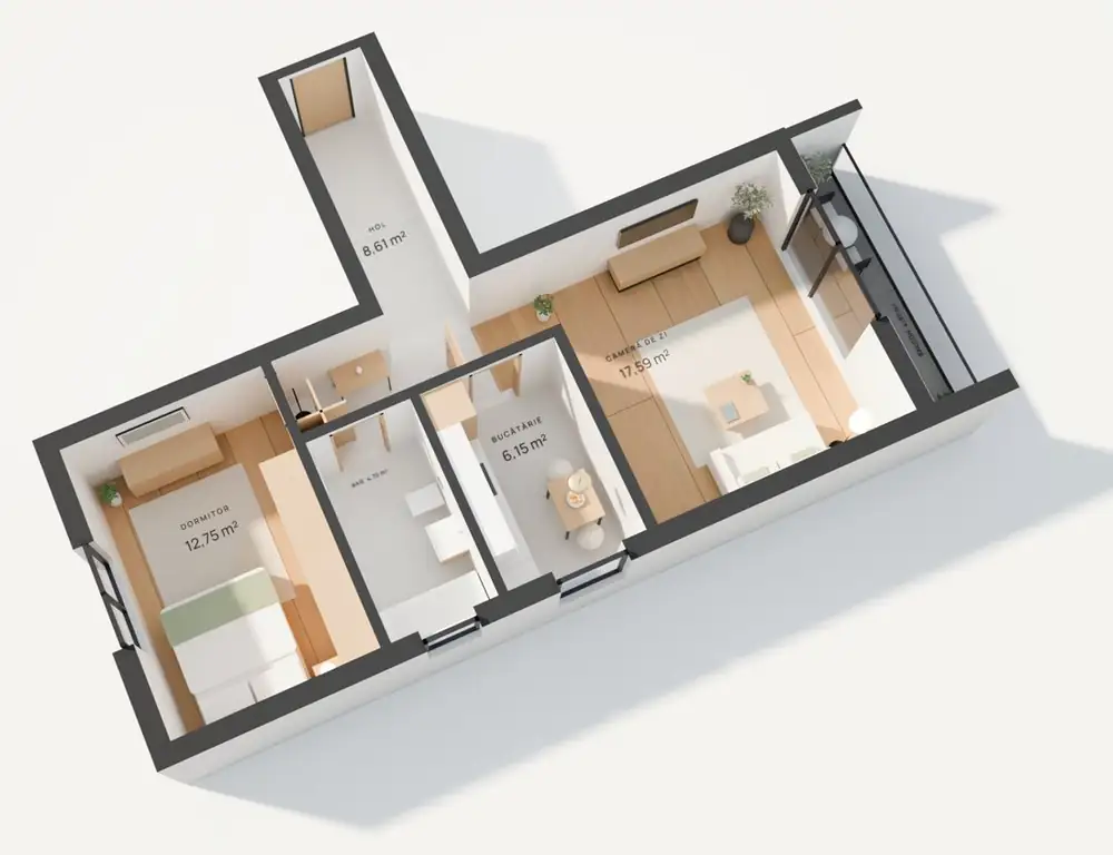 Randare 3D apartament cu 2 camere 54,77 m², Stelelor 45 Chiajna, cu suprafețele camerelor