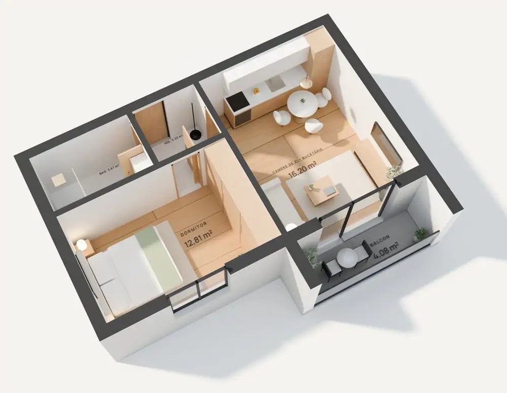 Randare 3D studio 39,79 m², Stelelor 45 Chiajna, cu suprafețele camerelor