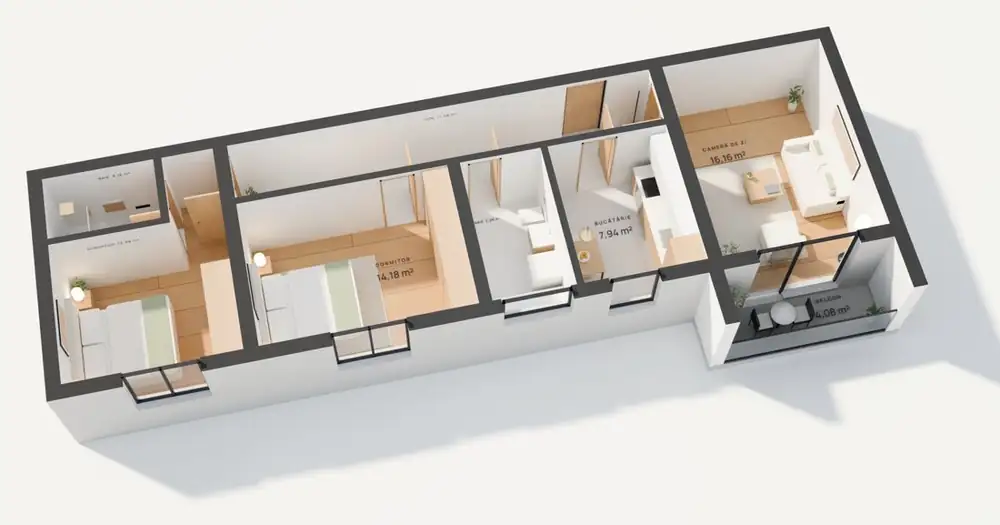 Randare 3D apartament cu 3 camere 74,37 m², Stelelor 45 Chiajna, cu suprafețele camerelor