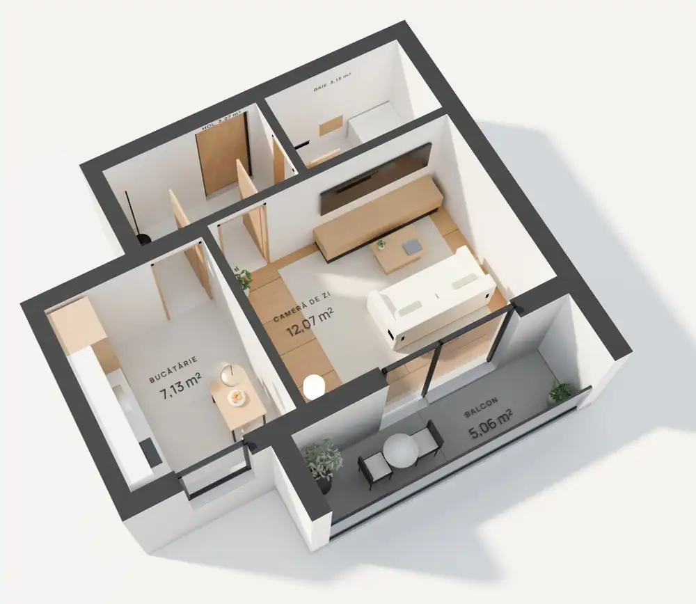 Randare 3D garsonieră 30,68 m², Stelelor 45 Chiajna, cu suprafețele camerelor