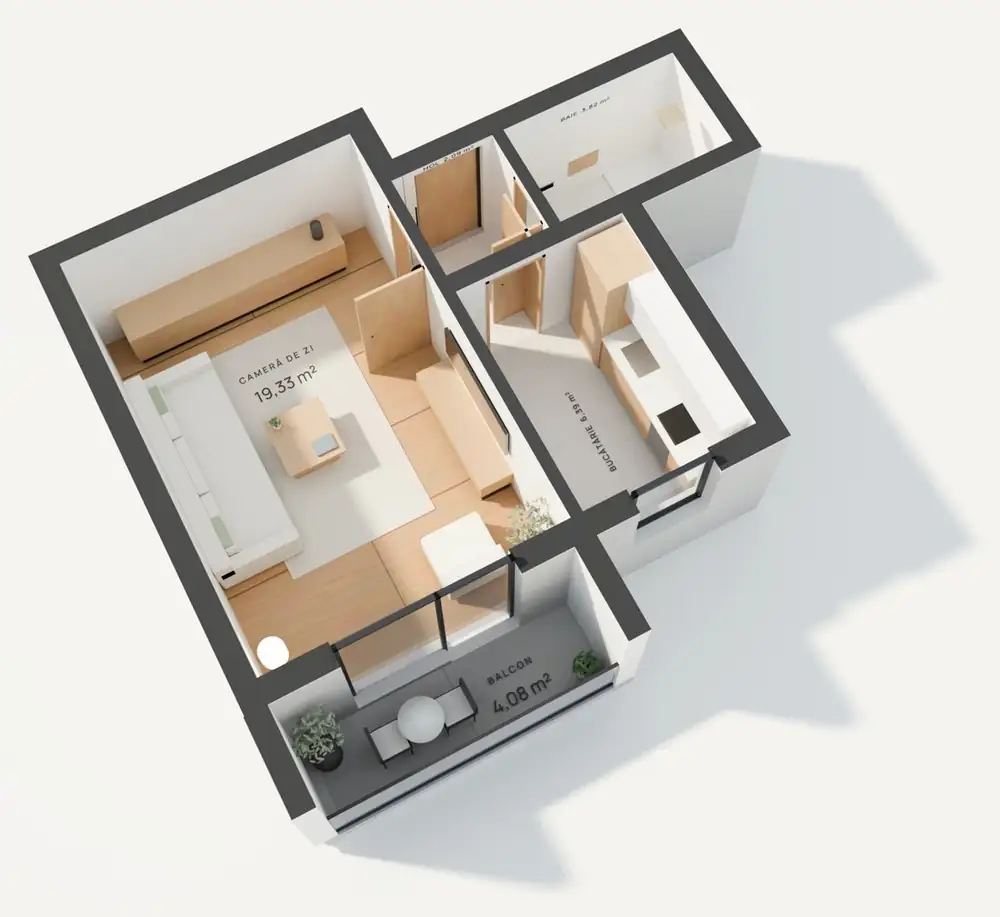 Randare 3D garsonieră 35,71 m², Stelelor 45 Chiajna, cu suprafețele camerelor