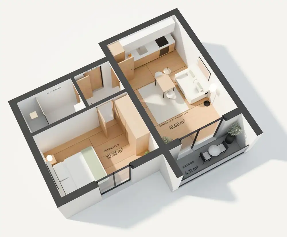 Randare 3D studio 42,06 m², Stelelor 45 Chiajna, cu suprafețele camerelor