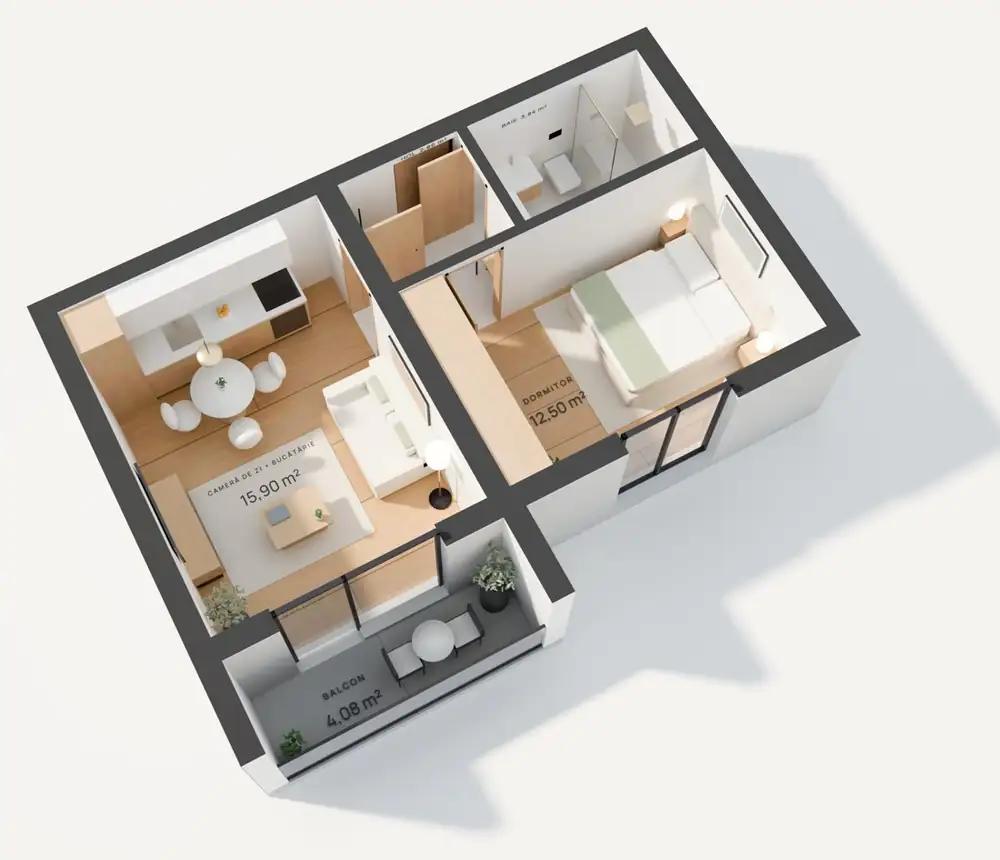 Randare 3D studio 39,18 m², Stelelor 45 Chiajna, cu suprafețele camerelor