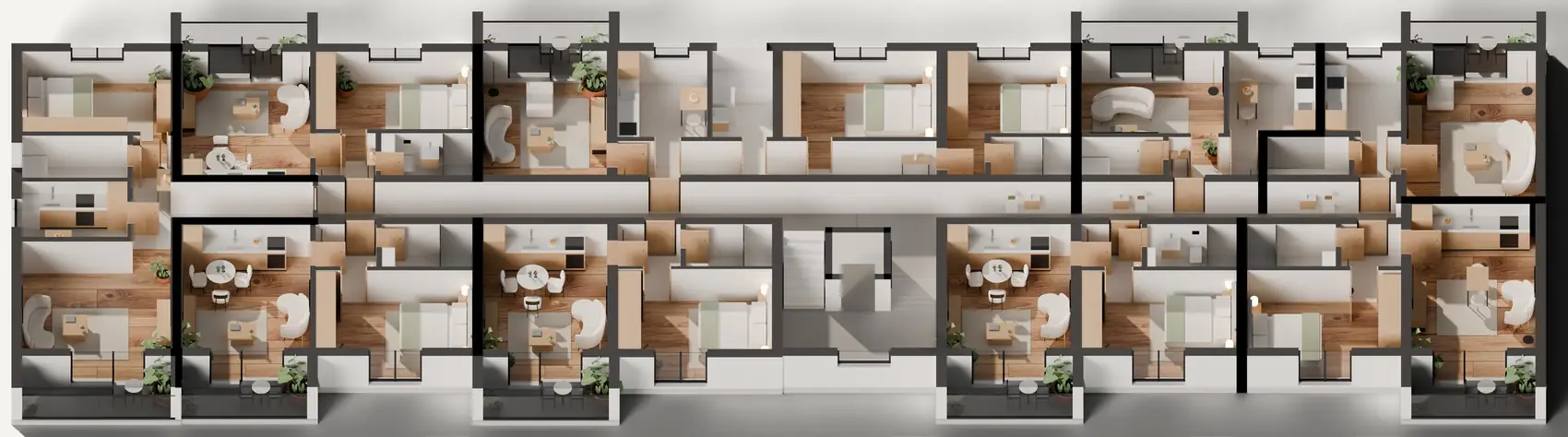 Planul 3D al etajului tip, Stelelor 45 Bloc 1, cu cele 9 apartamente